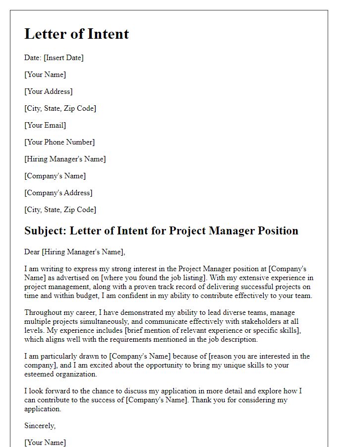 Letter template of intent for project manager vacancies