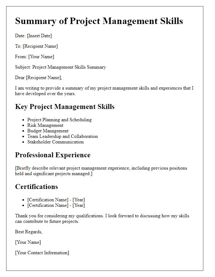 Letter template of summary for project management skills