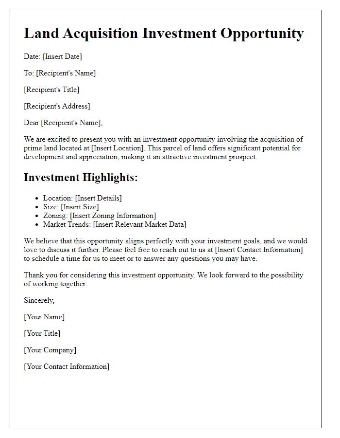 Letter template of land acquisition investment opportunity