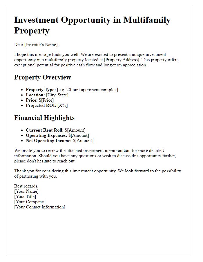 Letter template of opportunity for multifamily property investment