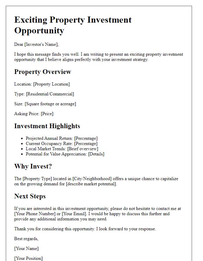 Letter template of property investment opportunity