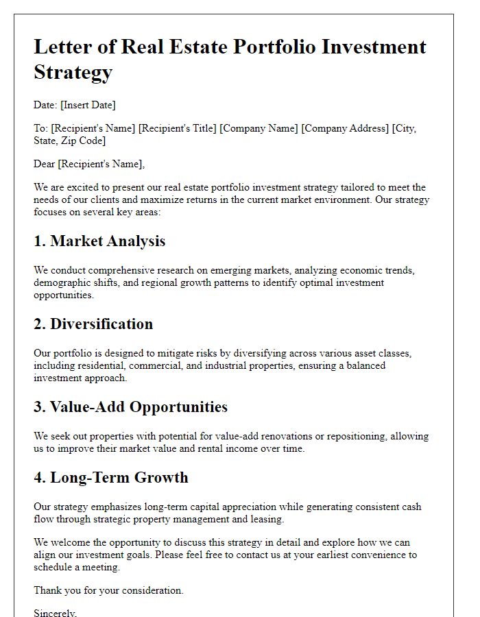 Letter template of real estate portfolio investment strategy