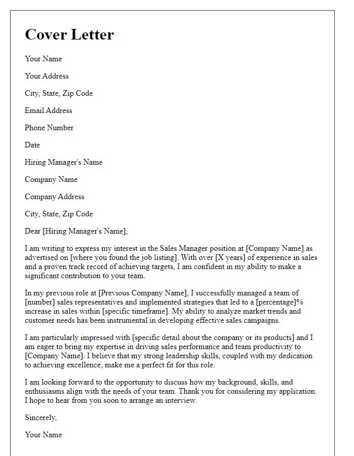 Letter template of cover letter for sales manager role