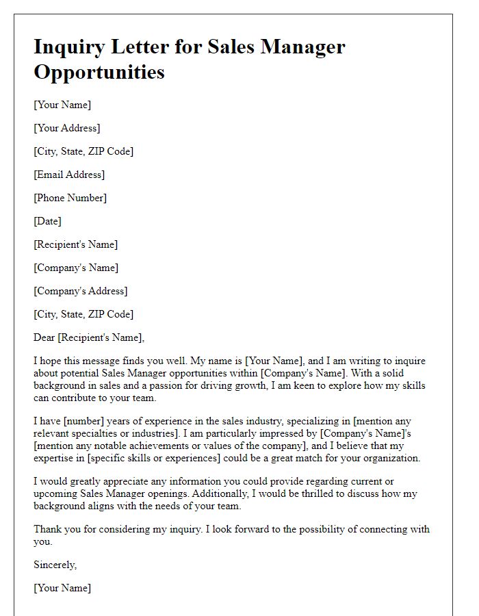 Letter template of inquiry letter for sales manager opportunities