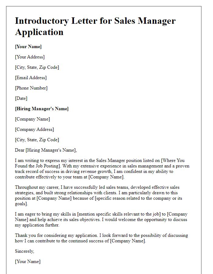 Letter template of introductory letter for sales manager applications