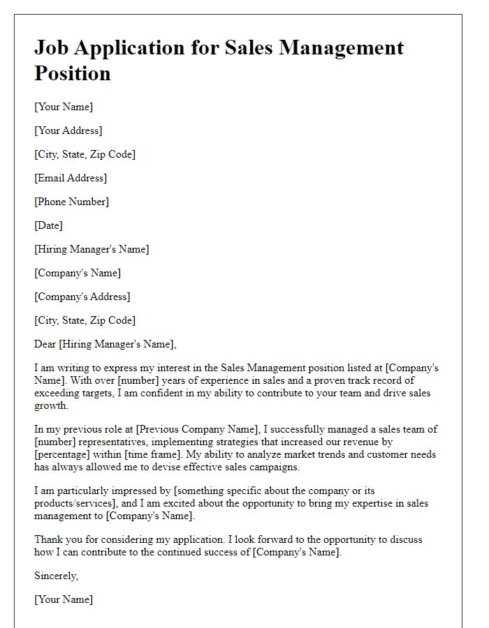 Letter template of job application for sales management