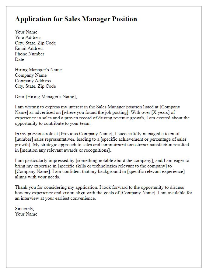 Letter template of professional letter for sales manager vacancy