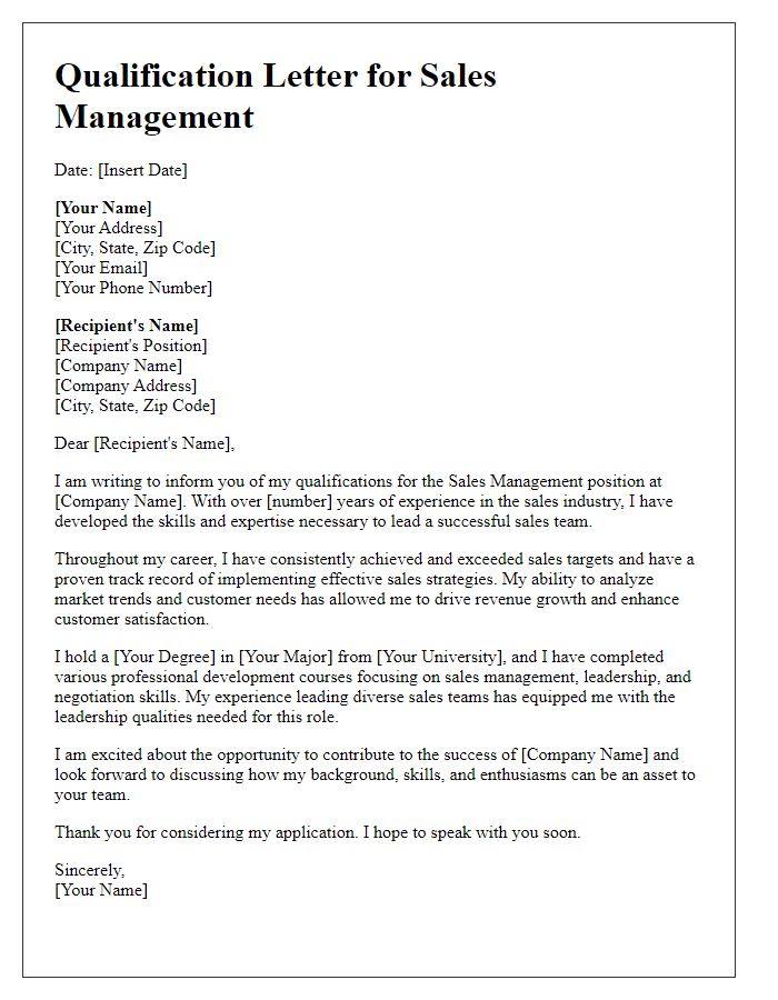 Letter template of qualification letter for sales management