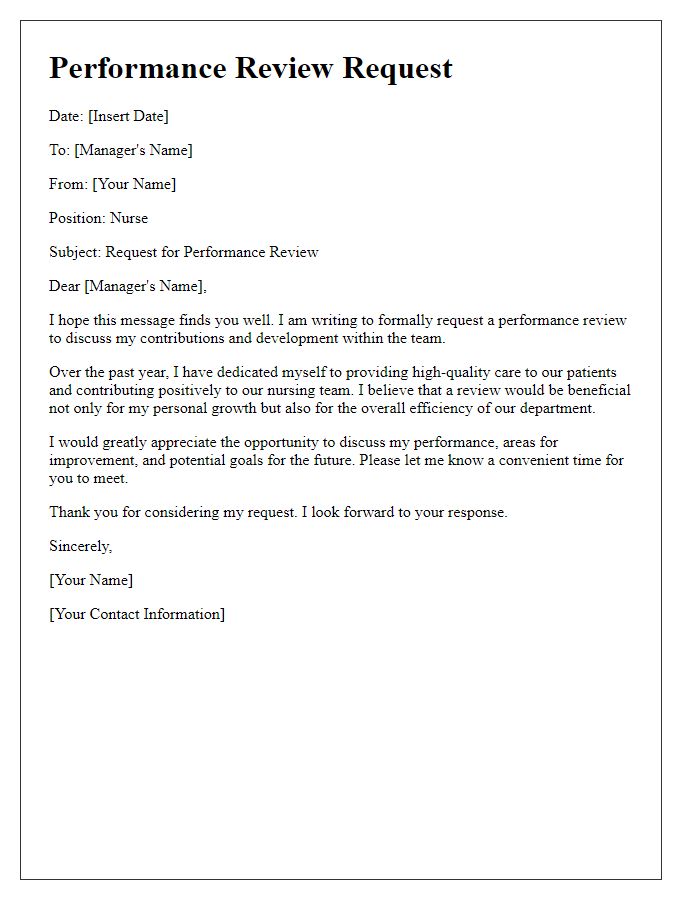 Letter template of performance review request for a nurse.