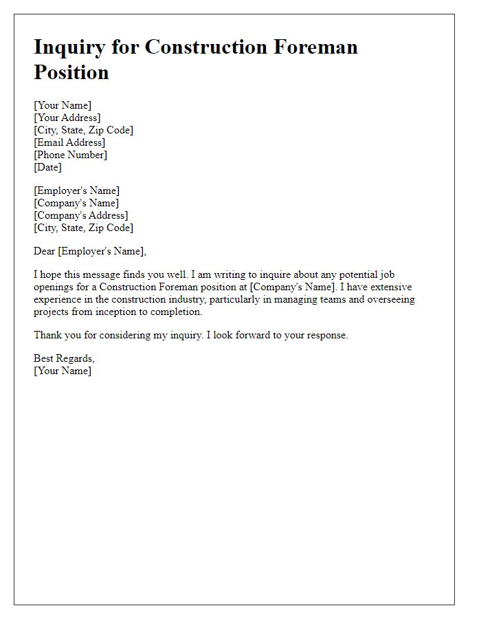 Letter template of inquiry for construction foreman job opening