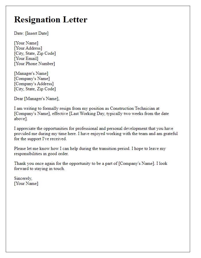 Letter template of resignation from construction technician job