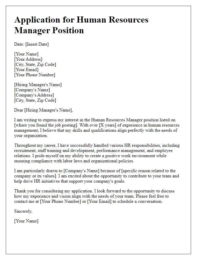 Letter template of application for human resources manager position