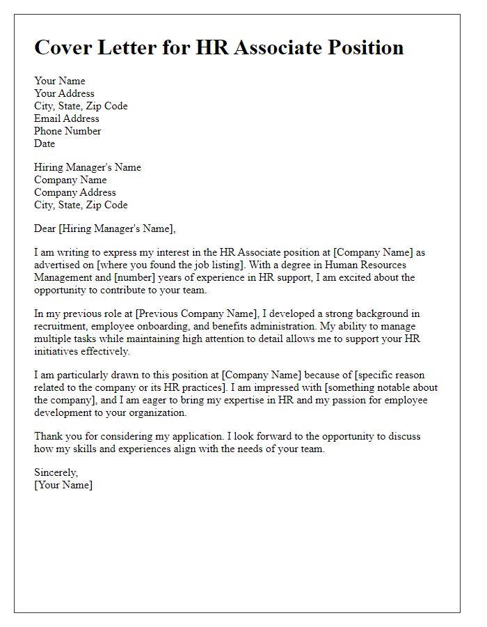 Letter template of cover letter for HR associate role