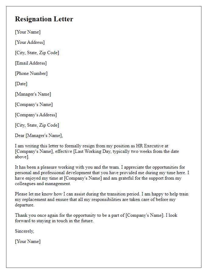 Letter template of resignation letter for HR executive