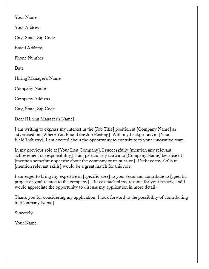 Letter template of formal job application for a startup