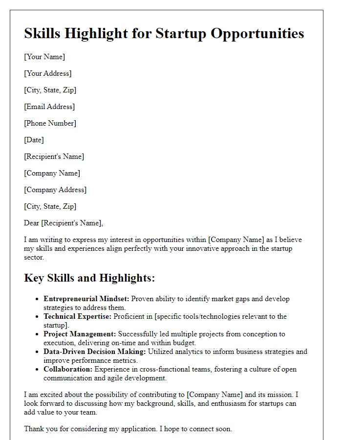 Letter template of skills highlight for startup opportunities