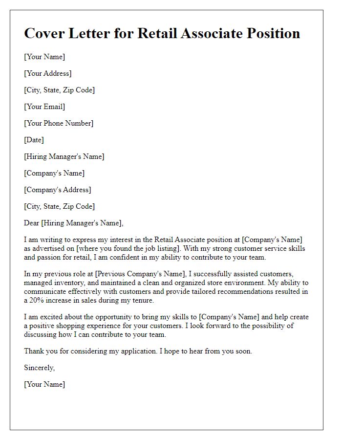 Letter template of cover letter for retail associate role