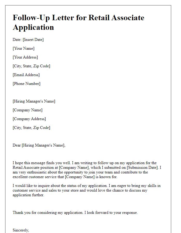 Letter template of follow-up after retail associate application