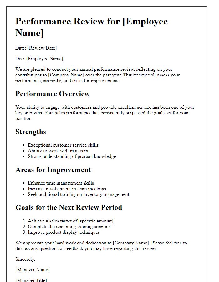 Letter template of performance review for retail associate