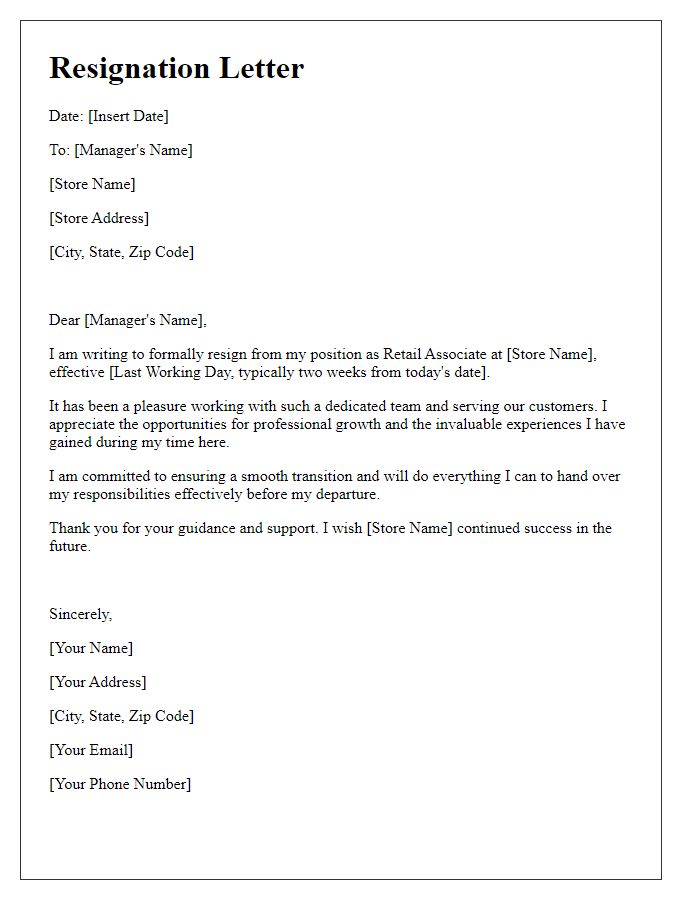 Letter template of resignation from retail associate position