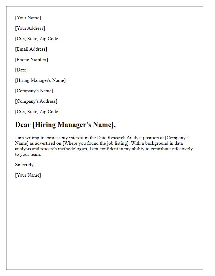 Letter template of Application for Data Research Analyst