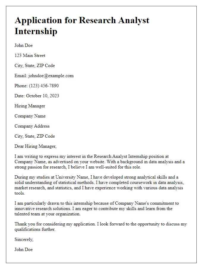 Letter template of Research Analyst Internship Application