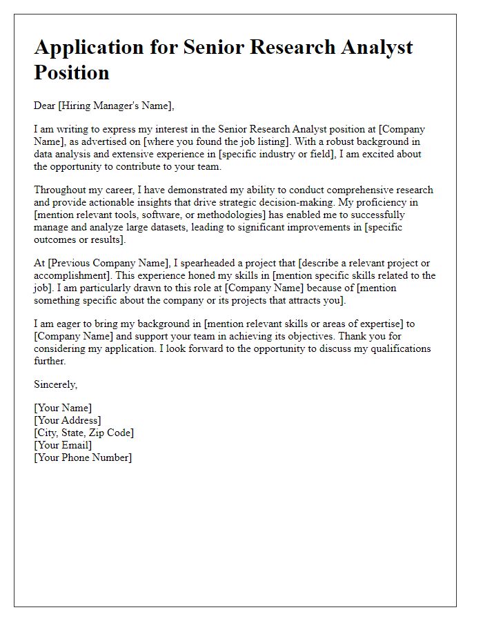 Letter template of Senior Research Analyst Application