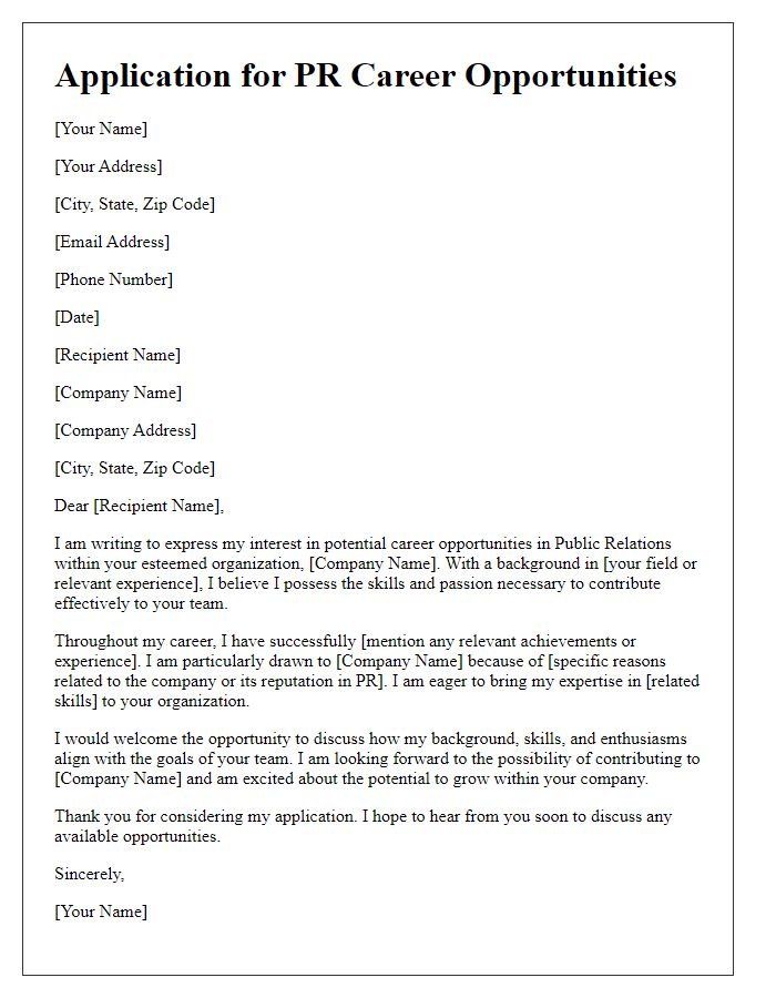 Letter template of application for PR career opportunities