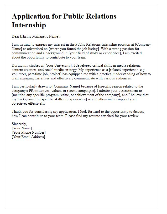 Letter template of expression for public relations internship