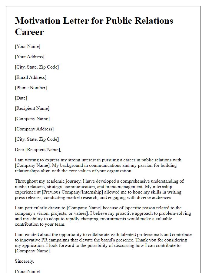 Letter template of motivation for a career in public relations