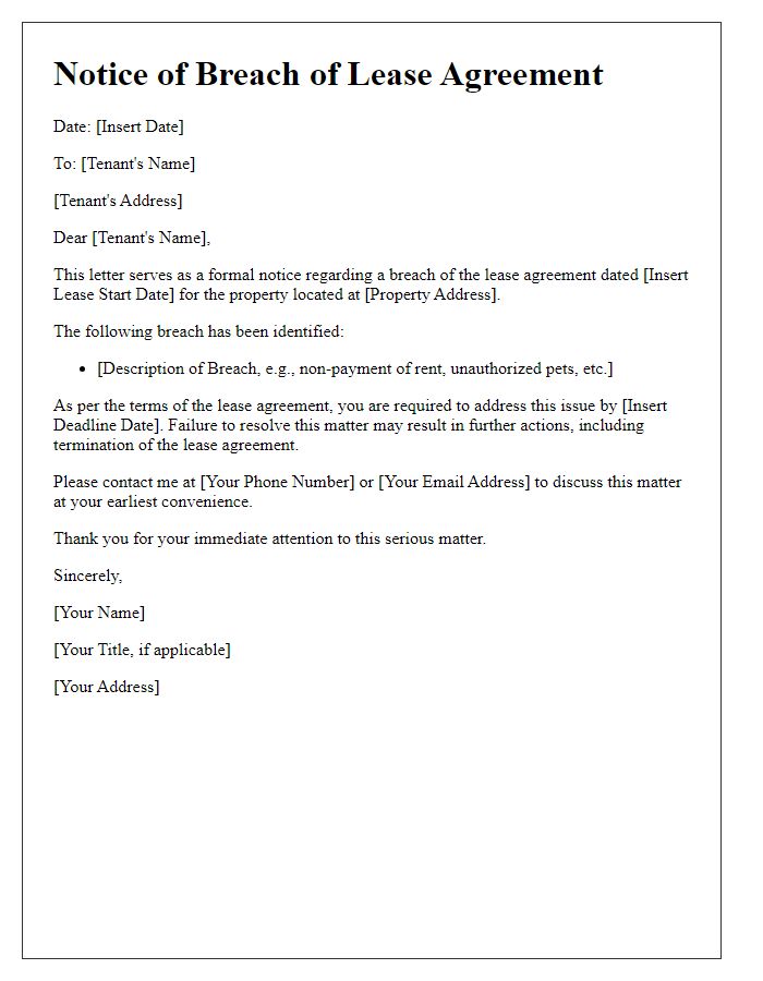 Letter template of notice for tenant lease agreement breach