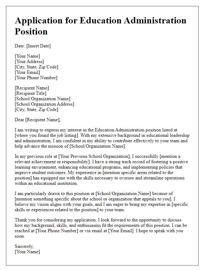 Letter template of application for education administration position