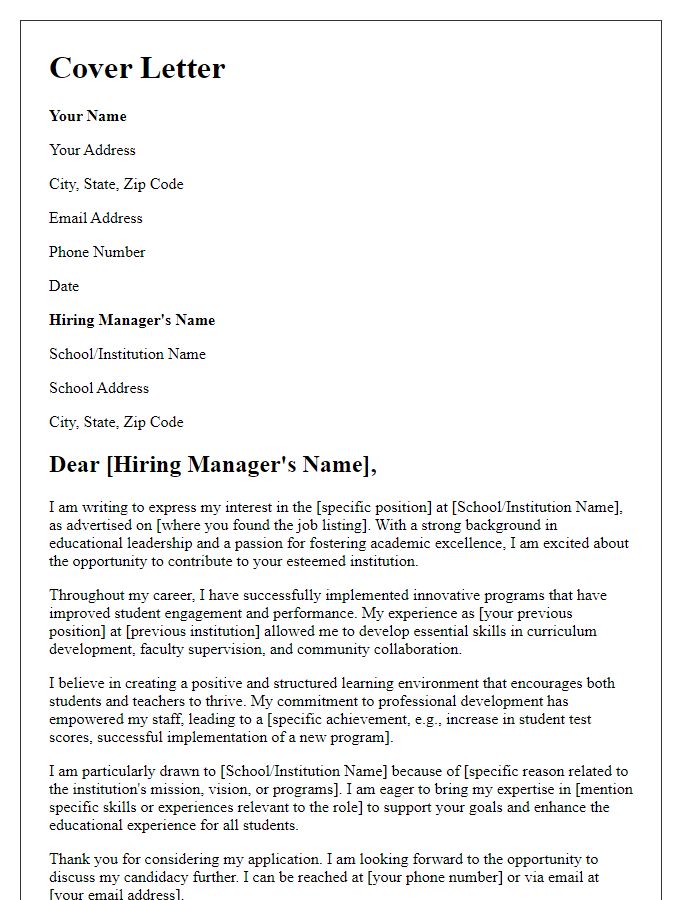 Letter template of cover letter for educational leadership role