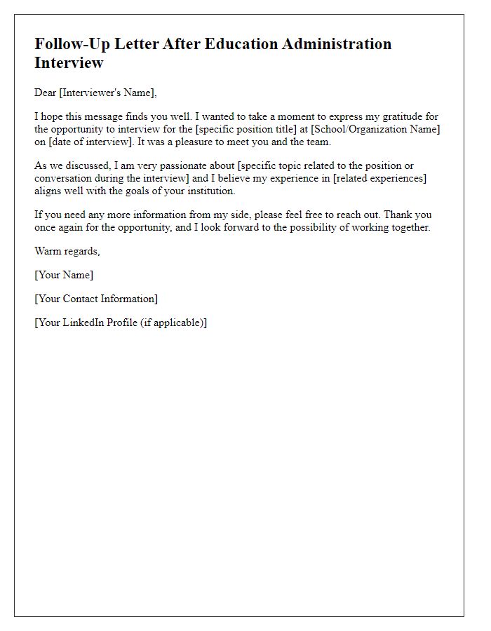 Letter template of follow-up for education administration interview