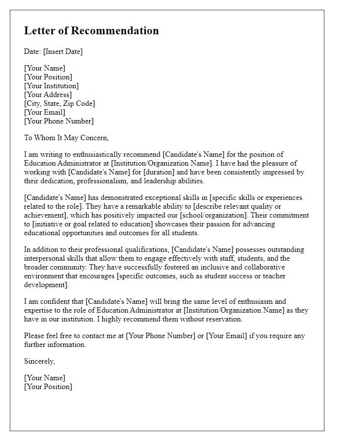 Letter template of recommendation for education administrator role