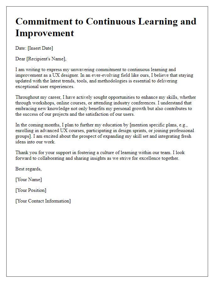 Letter template of a UX designer articulating commitment to continuous learning and improvement.