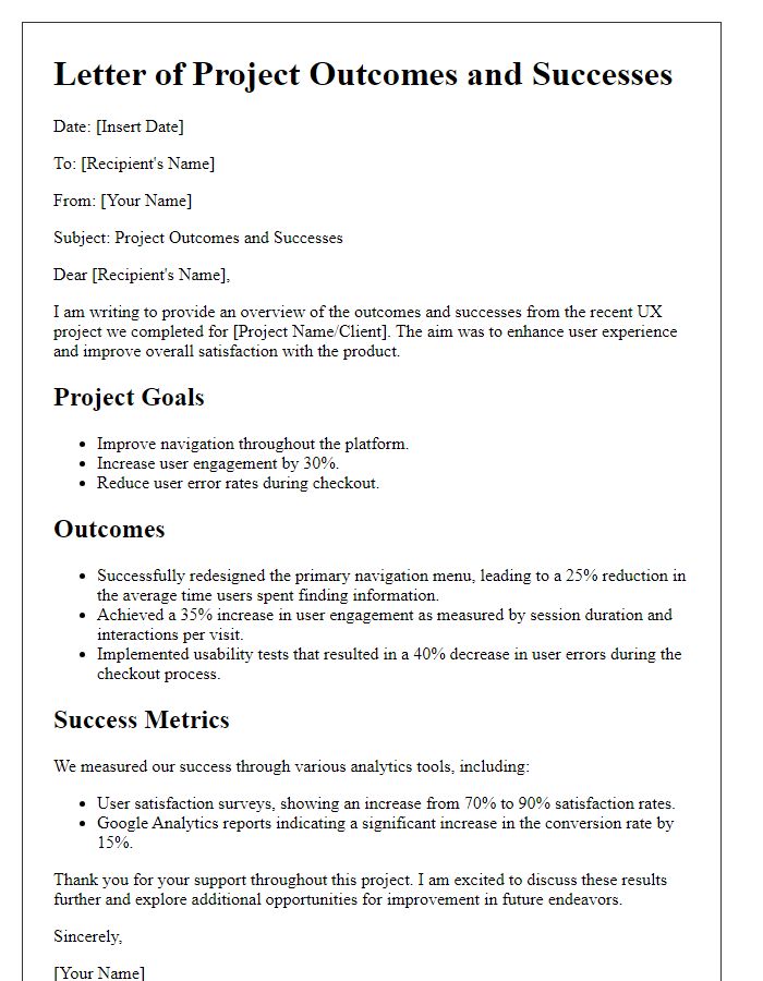 Letter template of a UX designer detailing relevant project outcomes and successes.