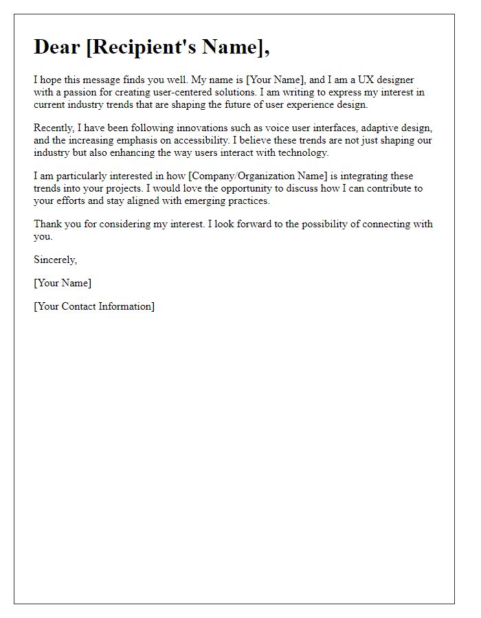Letter template of a UX designer expressing interest in current industry trends.