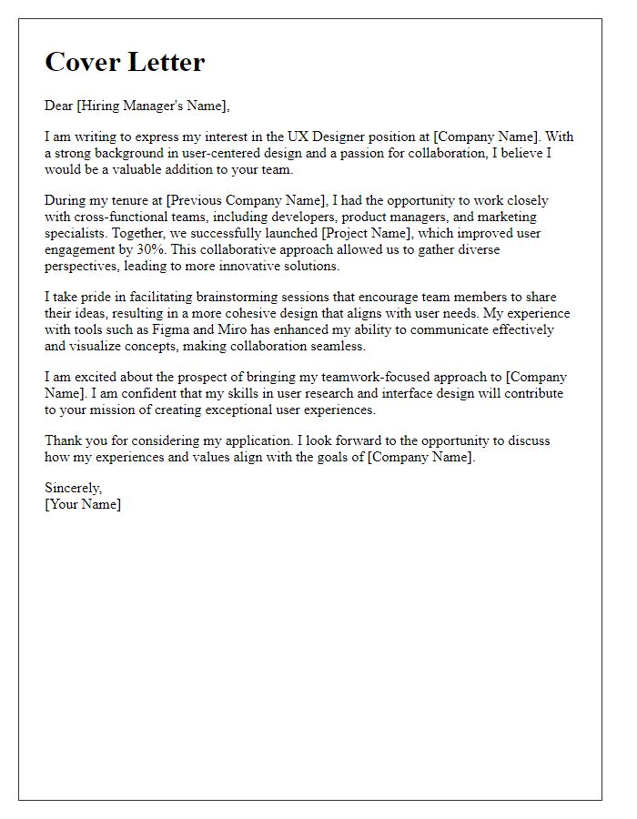 Letter template of a UX designer highlighting teamwork and collaboration experiences.