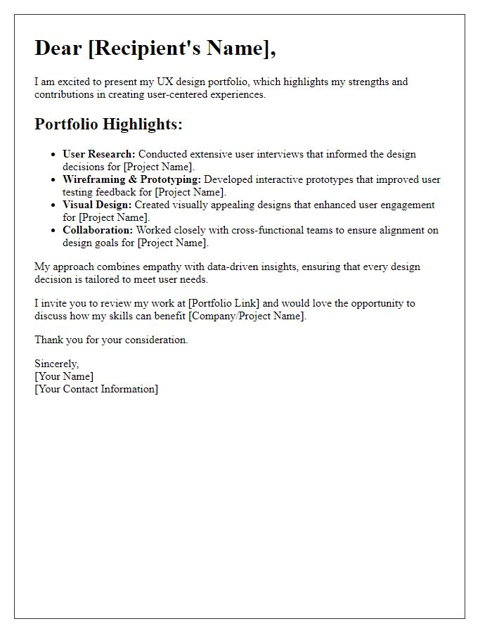 Letter template of a UX designer showcasing design portfolio strengths.