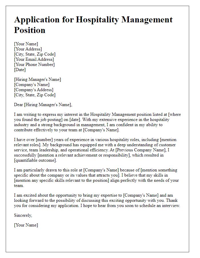 Letter template of application for hospitality management position