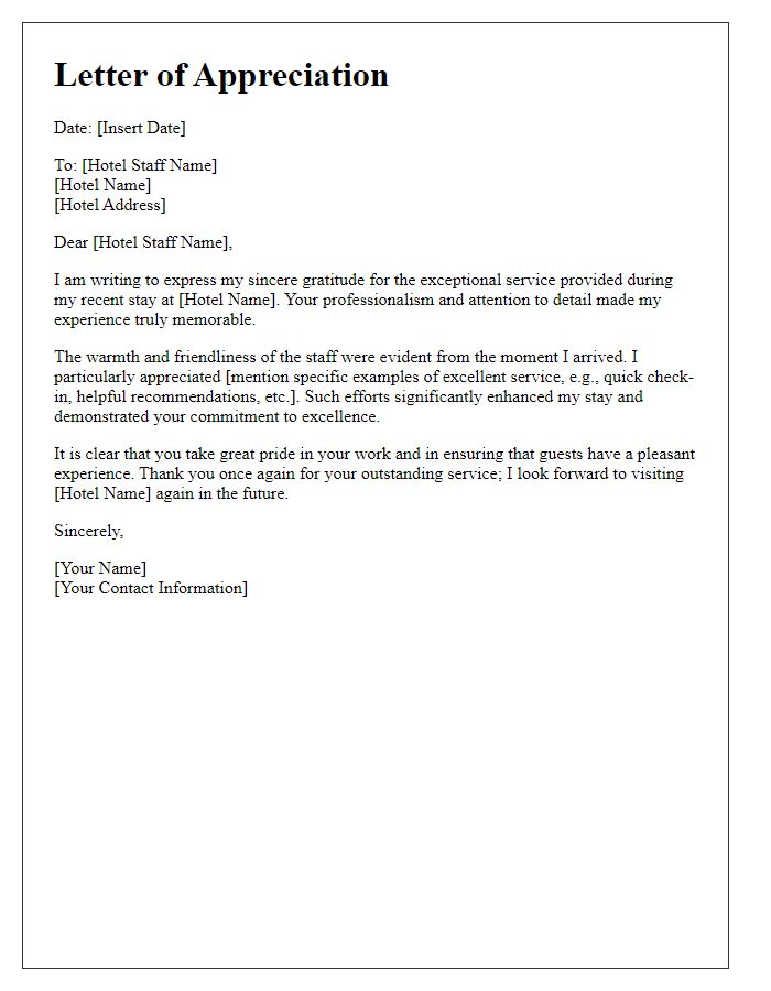 Letter template of appreciation for hotel staff in management