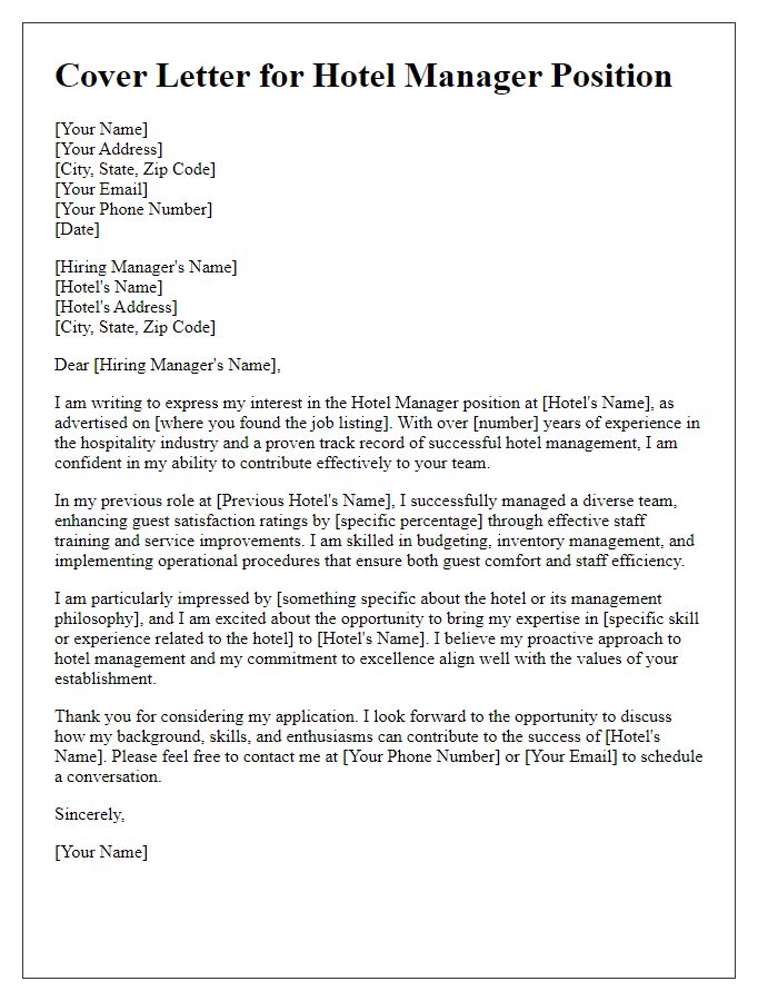 Letter template of cover letter for hotel manager job