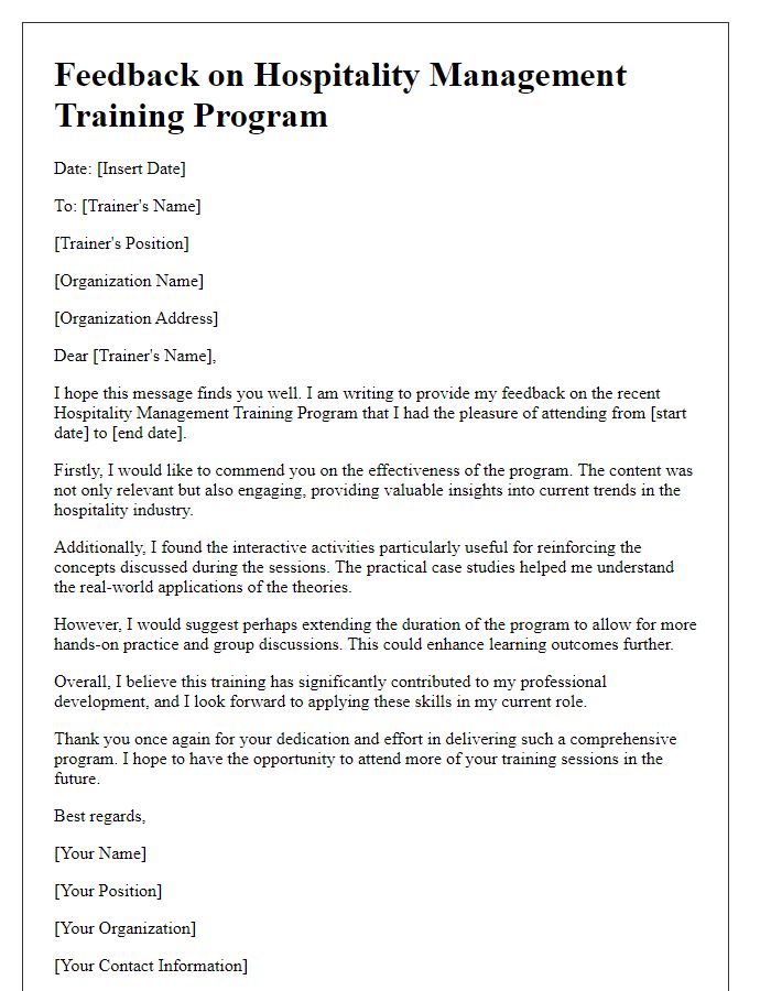 Letter template of feedback for hospitality management training program