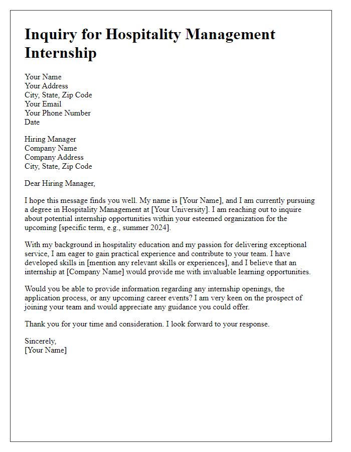 Letter template of inquiry for hospitality management internship