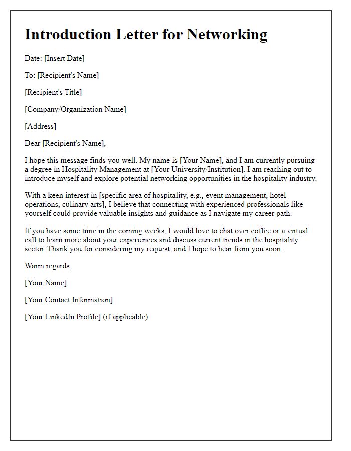 Letter template of introduction for hospitality management networking