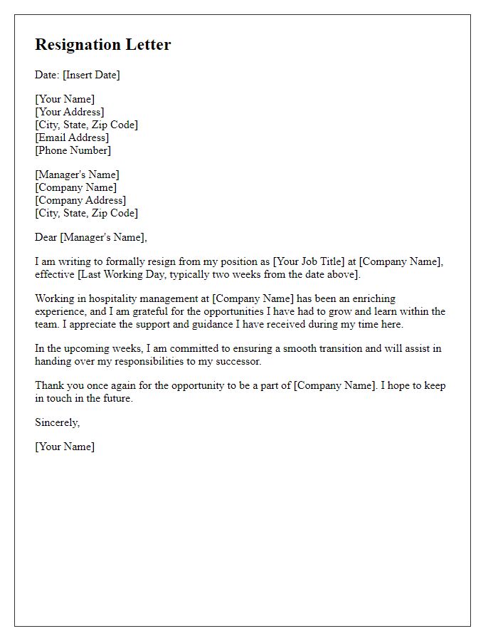 Letter template of resignation from hospitality management role