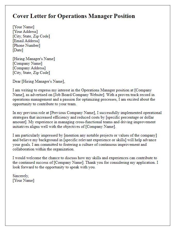 Letter template of cover letter for operations manager application