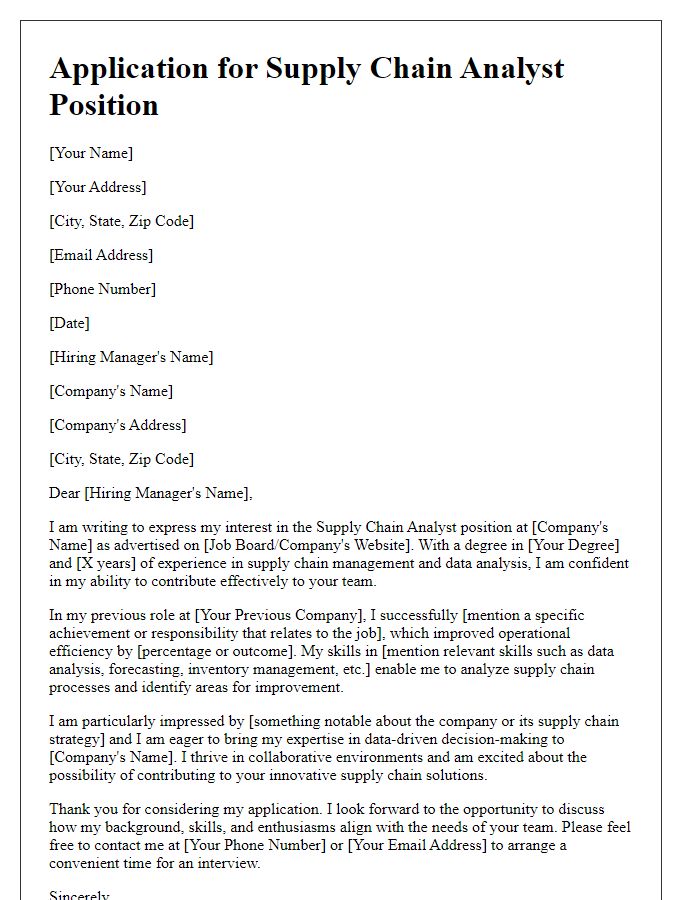 Letter template of application for supply chain analyst position