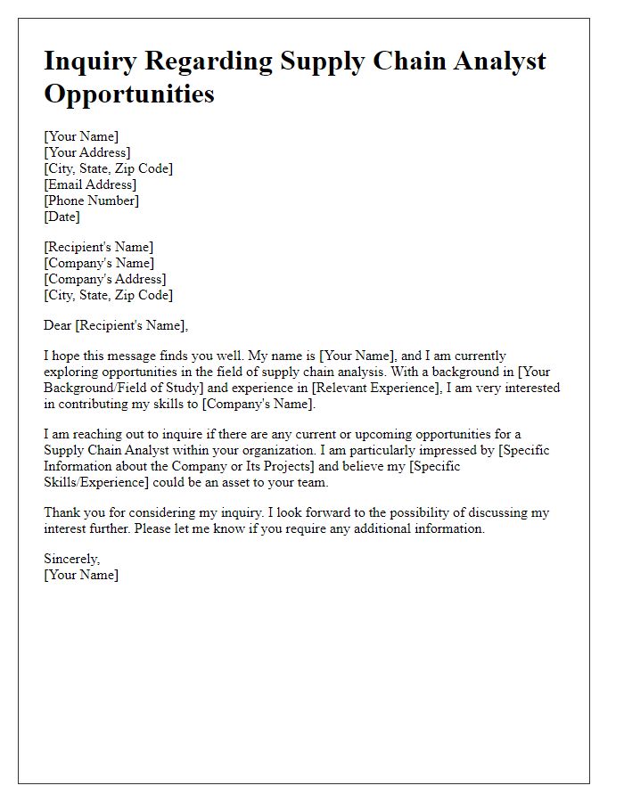 Letter template of inquiry regarding supply chain analyst opportunities